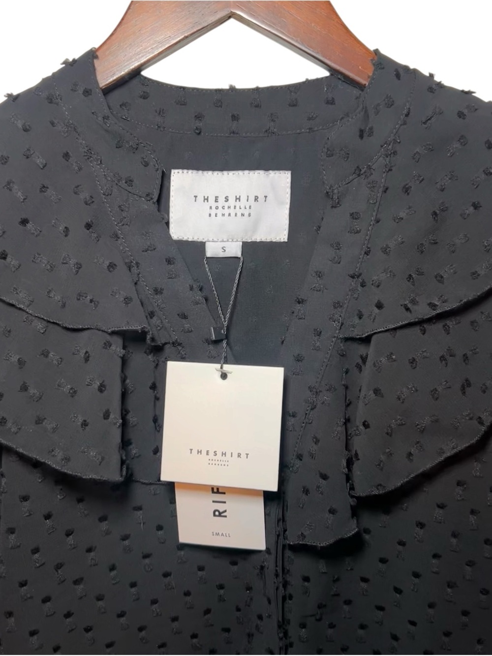 NWT The Shirt by Rochelle Behrens Ruffle Shirt Black Swiss Dot Size Small Sheer - Picture 2 of 9